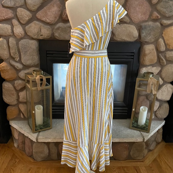 Lulus Yellow Striped Ruffle One Shoulder Midi Dress NWT - Picture 3 of 4